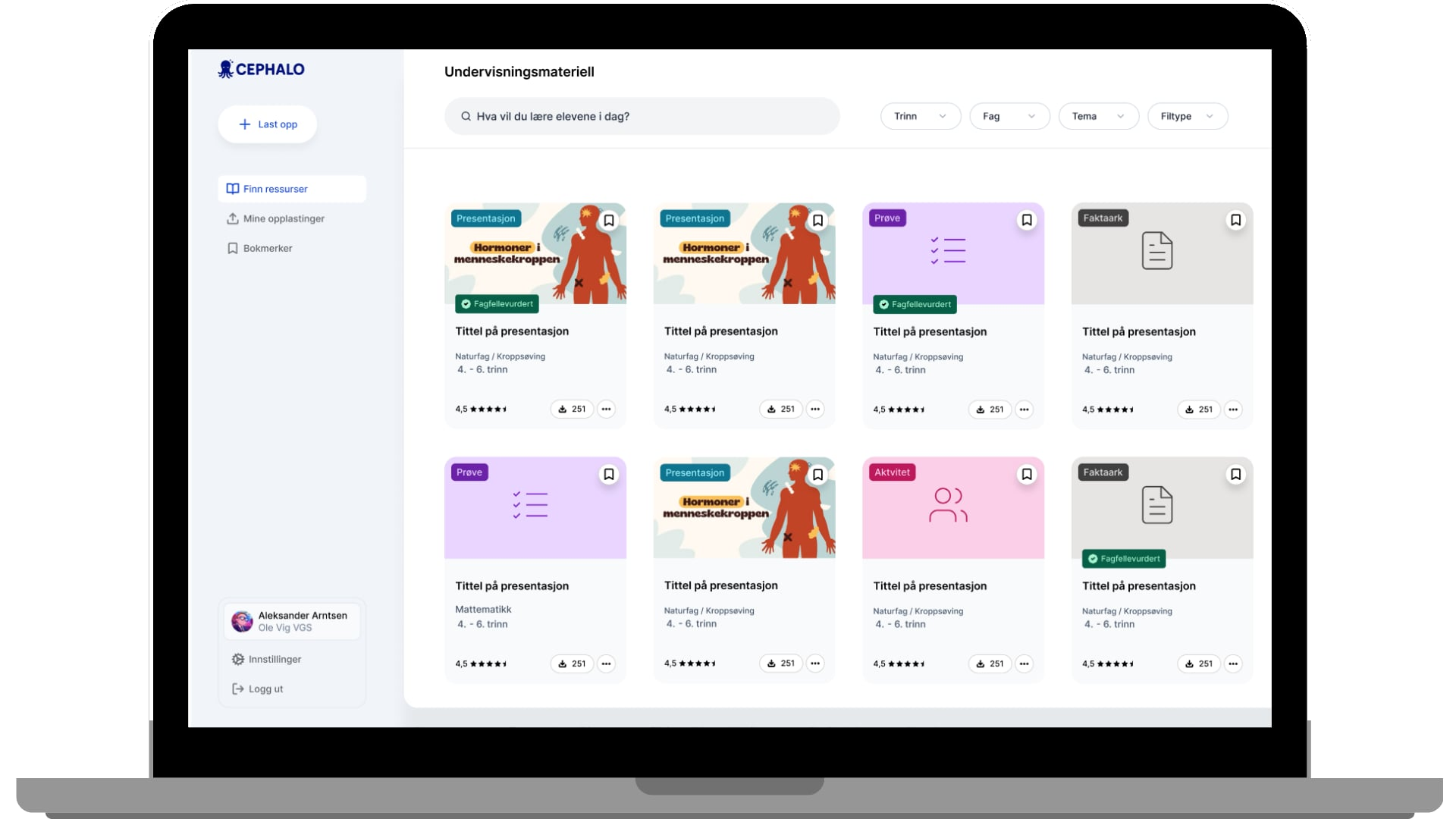 Cephalo dashboard med oversikt over undervisningsressurser